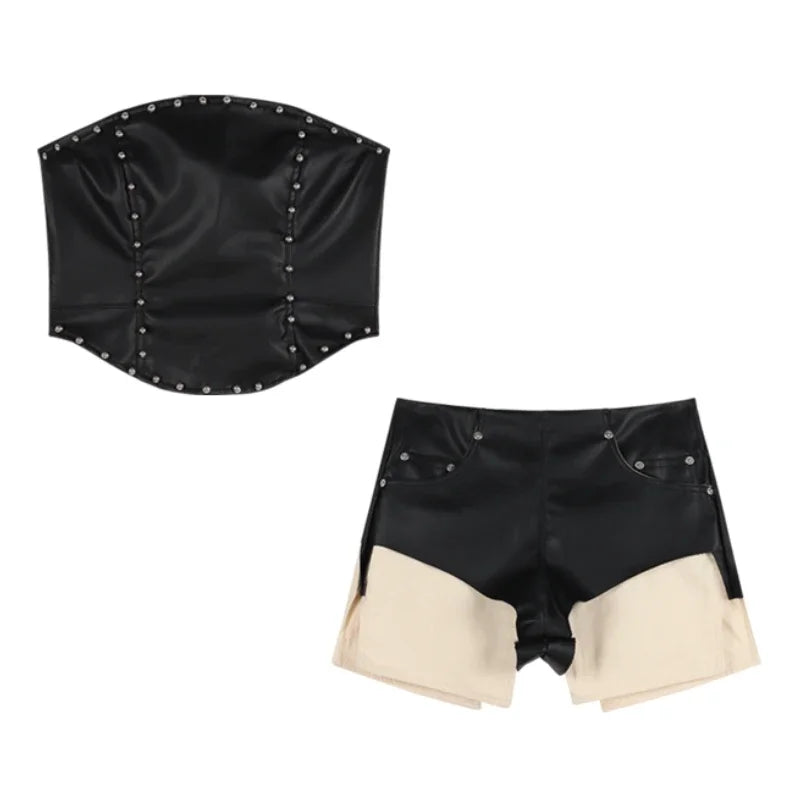 Summer New American Offshoulder Rivets Leather Camisole + High Waist Patchwork Shorts Twopiece Suit