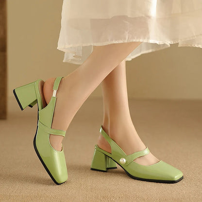 Pumps Slingback Sandals Square Toe Patent Leather Block High Heeled Mary Jane Shoes Gold Silver