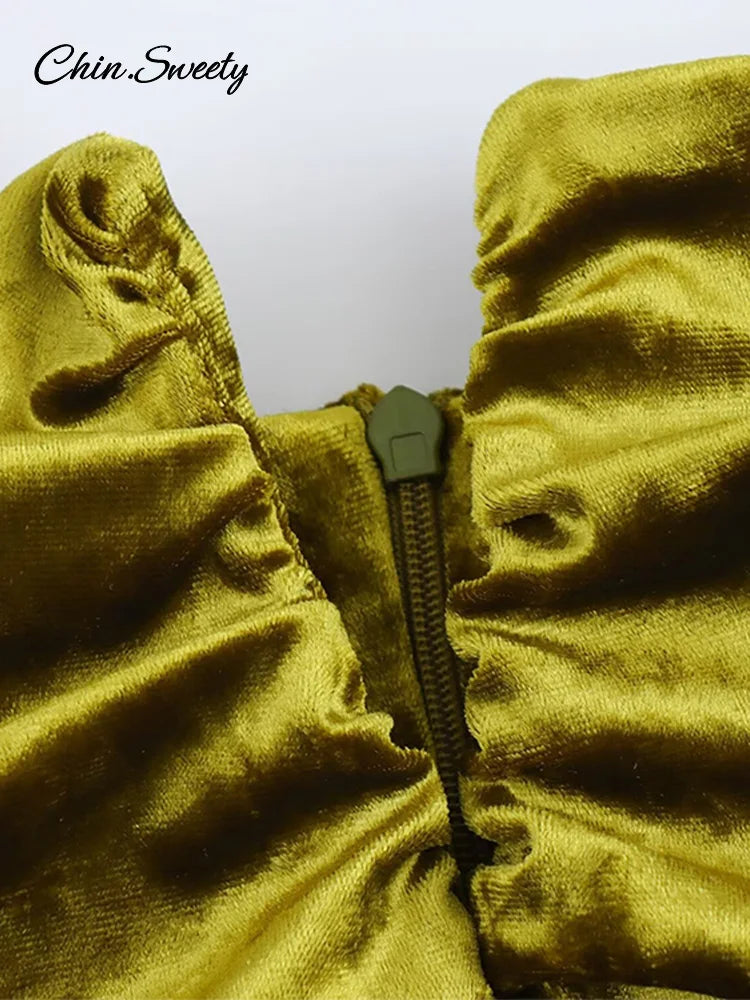 Halter Velvet Midi Dresses Backless Pleated Zipper Green Party Dress Female Spring Summer Lady Slim Fit Robes