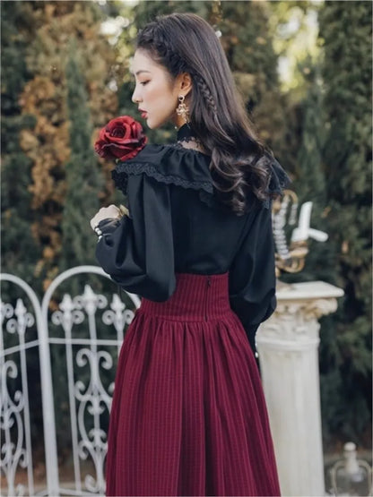 Gothic Two-piece Skirt Sets Black Lace Ruffle Blouse Lace-up Midi Skirt Autumn New Court Retro Suits Y2k Outfits