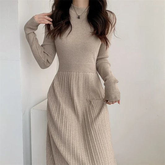 Autumn/winter British Style Celebrity Knitted Dress Half High Neck Slim Fit Inner Matching Coat Pleated Long Dress