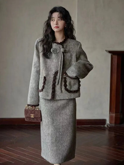 Sweet Hot Girl Suit Winter Oneck Longsleeved Coat High Waist Aline Skirt Twopiece Set Female Clothes