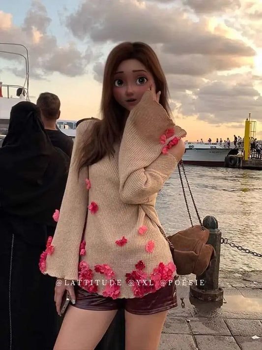 Autumn Winter New Temperament Celebrity Handmade Bead Flower Horn Sleeve Flowers Pastoral One Neck Knitted Sweater