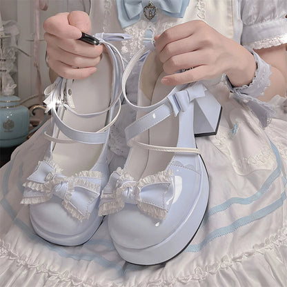 Lolita Bow Bow Decor Pumps Platform Chunky High Heels Ankle Strap Sweet Pumps for Girl Shoes