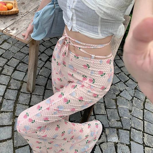Summer Korean Retro High Street Print Laceup Waist Trousers Flare Pants
