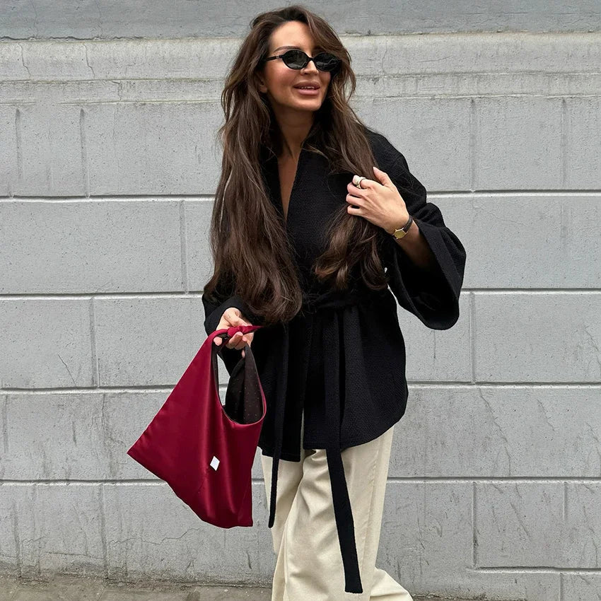 New Black Lace Up Overcoats Autumn Office Jackets Slim Fit Pleated Coat V-neck Commute for Lady Coats