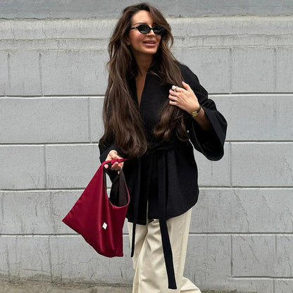 New Black Lace Up Overcoats Autumn Office Jackets Slim Fit Pleated Coat V-neck Commute for Lady Coats