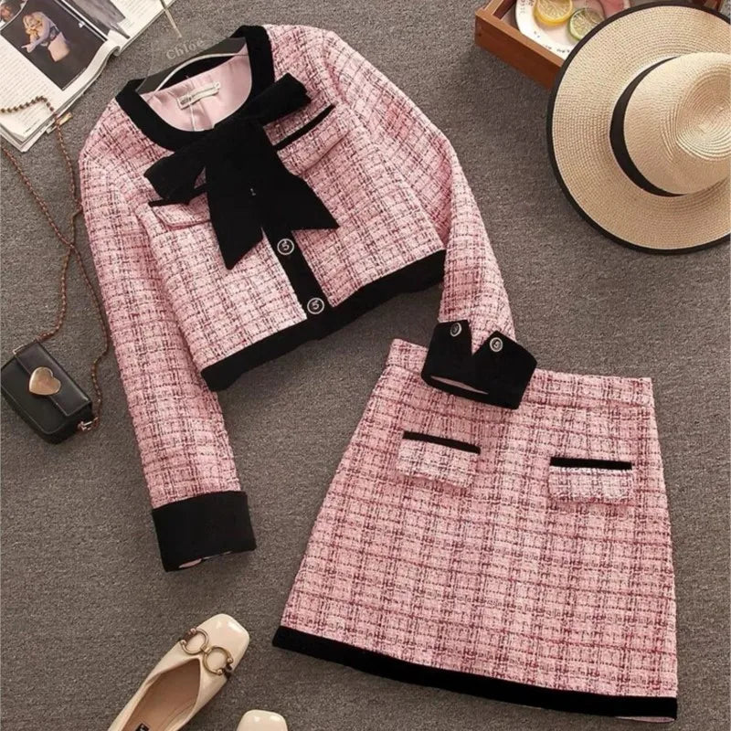 Autumn Winter Tweed Two-piece Skirt Set Short Jacket Coat + Mini Skirt Suits Korean Female Outfits