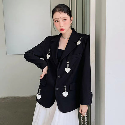 Blazer Jacket Loose Pockets Female Heart Chain Loose Long Sleeve Work Suit Coat Office Lady Blazers