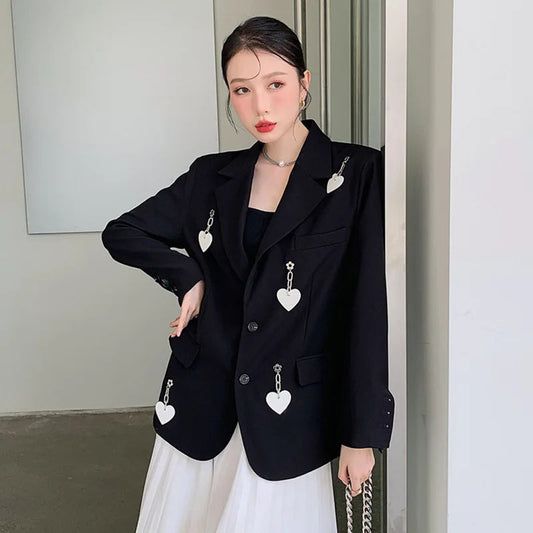 Blazer Jacket Loose Pockets Female Heart Chain Loose Long Sleeve Work Suit Coat Office Lady Blazers