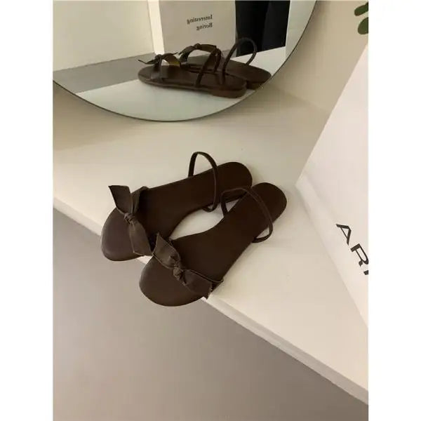 Flat Shoes Female Low Woman's Slippers Slides Butterflyknot Designer Rome Butterflyknot Rubber Retro Scandals Pu H