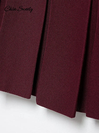_ Skirts 2 Piece Set Burgundy Knitted Lapel Long Sleeve Button Cardigans Pleat High Waist A-line Skirt Lady Outfits