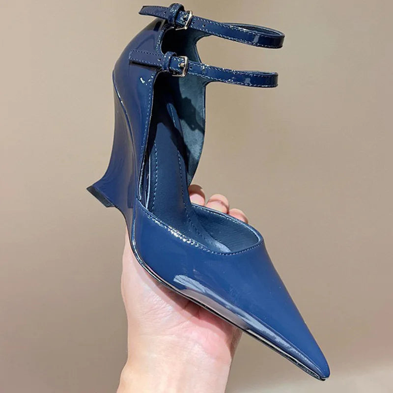 New Buckle Strap Patent Leather Wedges Sandals Pointed Toe High Heels Woman Dress Shoes Sandalias De Las Mujeres