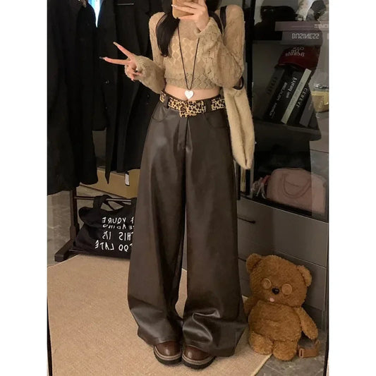 Color Allmatch Leather Wide Leg Pants Winter New High Waist Leopard Belt Loose Pants
