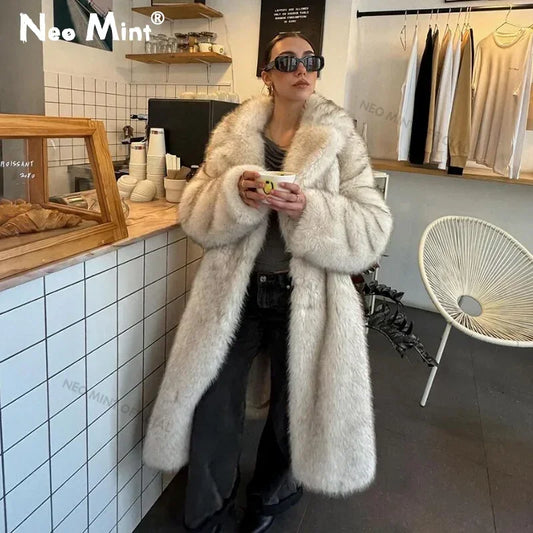 Slouchy Gradient Long Eco Faux Fur Coat Winter Thick Warm Fluffy Fox Fur Jacket Brand Overcoat
