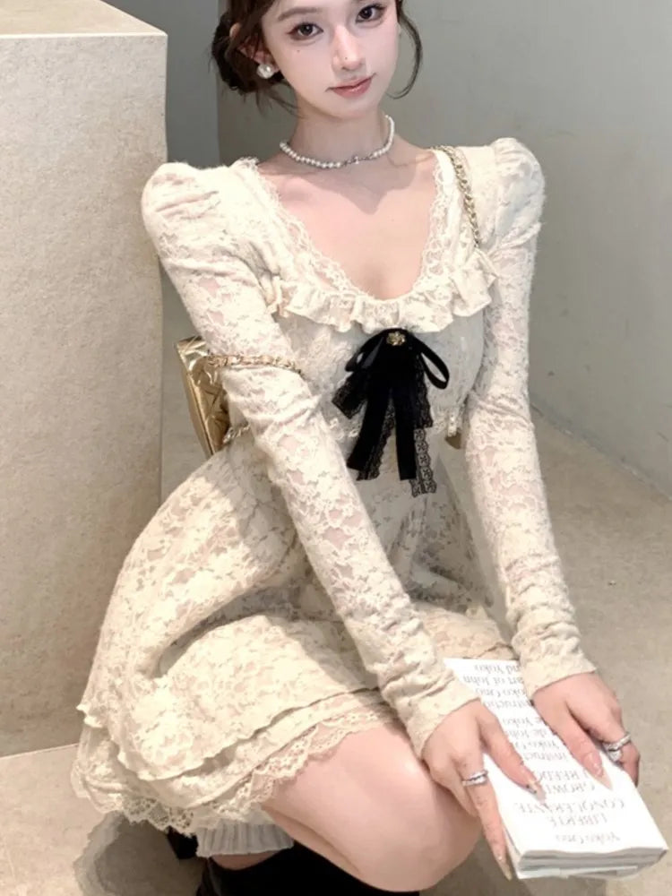 Korean Sweet Lace Dress for Bow Long Sleeves Birthday Party Mini Dresses Spring Female Aline Short Vestidos Mujer