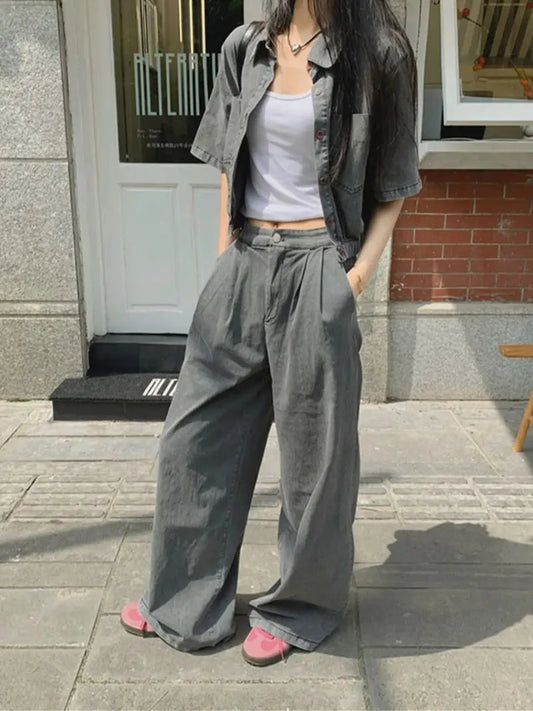 Retro Denim High Street Coats Short Sleeve Slim Mopping Summer New Pants Sets Office Lady All Match