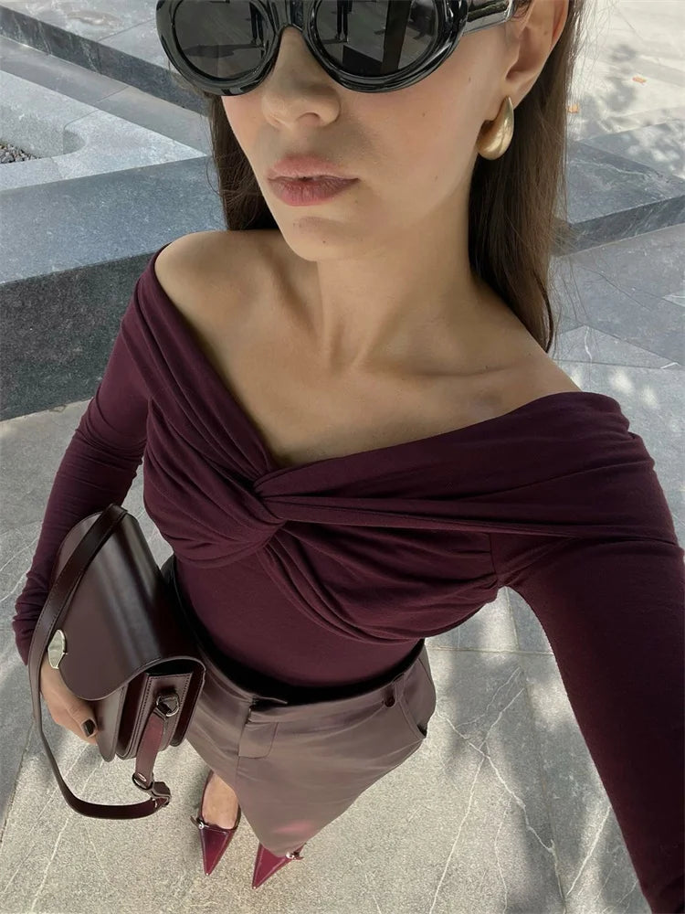 Summer Off-shoulder T-shirt Top ’s Pleated Long Sleeve Inner V-neck White Slim Twist Cropped Pullover Female Tee