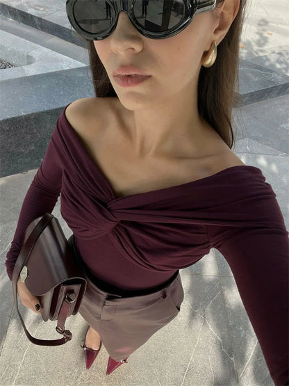 Summer Off-shoulder T-shirt Top ’s Pleated Long Sleeve Inner V-neck White Slim Twist Cropped Pullover Female Tee