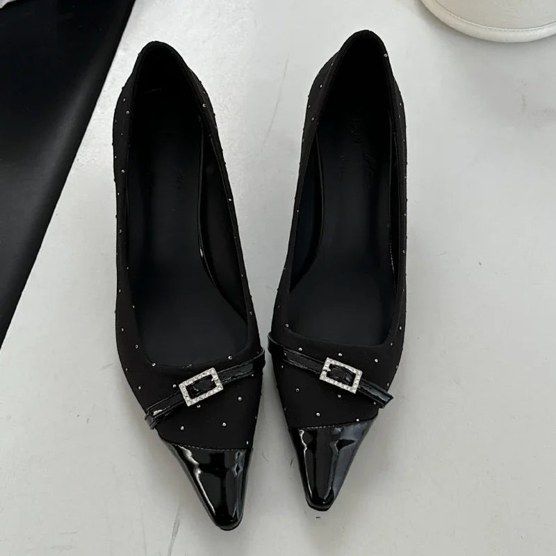 Pointed Toe Low Heel Shoes Belt Buckle Office Thin High Heels Female Shallow Pumps Zapatos De Mujer