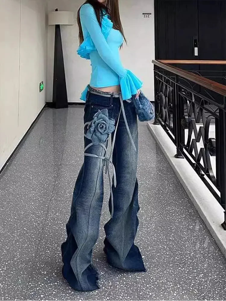 American Retro Pleated Design Slimming Denim Flared Pants for Autumn and Winter New Y2k Spicy Girl Low Waist Jeans