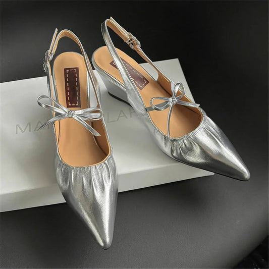 Genuine Leather Slingbacks Pumps Pointed Toe Silver Black Wedges Heels Shoes Woman Summer Pumps