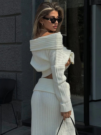Knitted Skirt 2 Piece Set ’s One-shoulder Long Sleeves Sweater Pullover Slim Fit Long Skirt Suit Autumn New