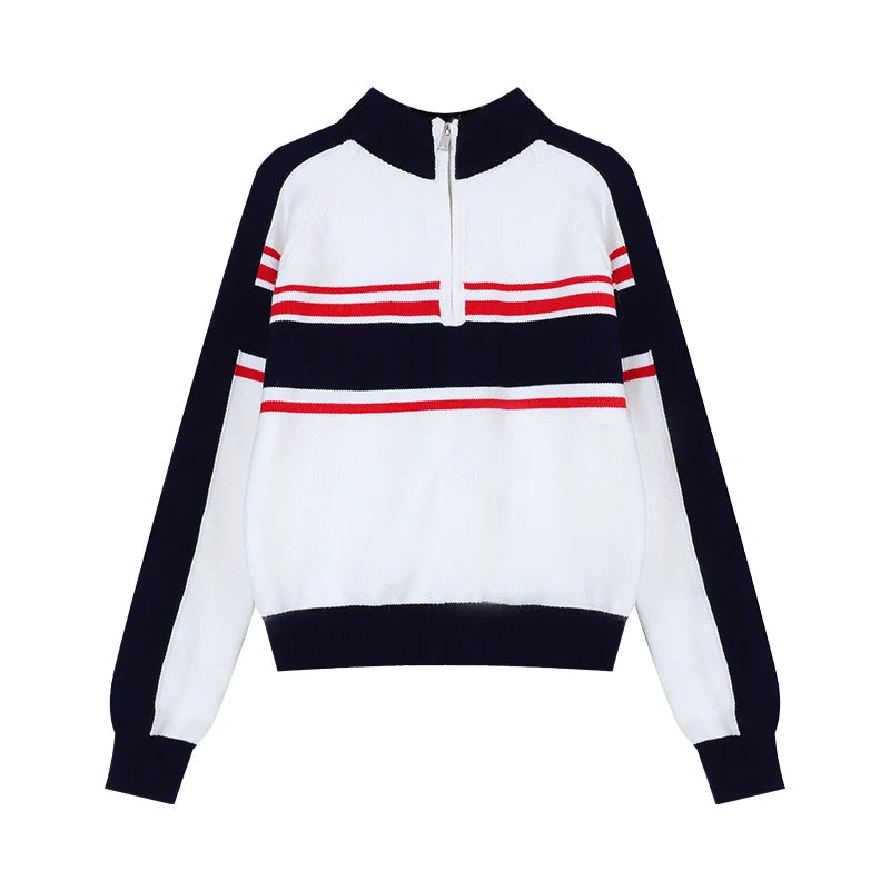 American Retro Striped Sweater Half Zipper Knitwear Pullovers Oversized Raglan Sleeve Winter Clothes