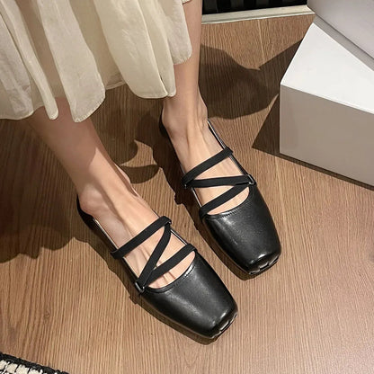 Womenn's Genuine Leather Square Toe Elastic Band Slipon Ballet Flats Cross Strap Female Slim Soft Comfortable Ballerians Shoes