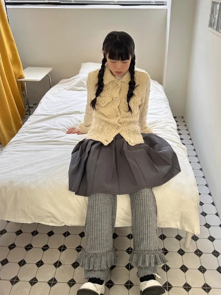 Simple Pit Strip Ruched Knitted Trousers Autumn High Waist Slim Fit Pants Y2k Grunge Loose Ruffles Wide Leg