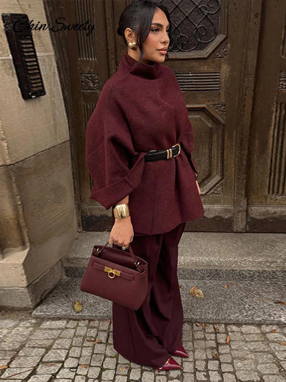 Loose Burgundy Cloak Cape Sweater Knit Turtleneck Loose Raglan Sleeve Pullovers Female Autumn Lady Asymmetric Outwear