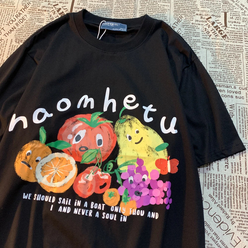 American Retro Fruit Print Round Neck Short Sleeved T-shirt for and Loose and Versatile Couple Half Sleeved Tee