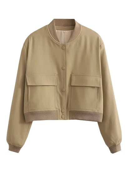 Basic Stand Collar Jacket Long Sleeve Cardigan Button Up Cropped Coat Baseball Outerwear Autumn Winter Clothes