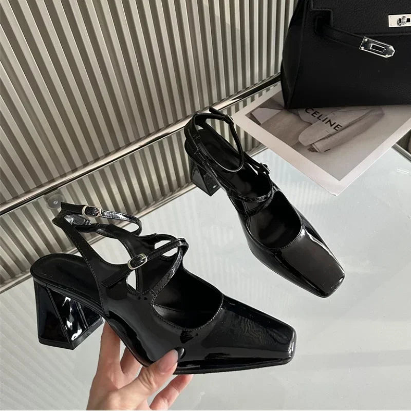Design Mary Jane Shoes Cross Belt Buckle Chunky Slingback Shoes Leopard Elegance High Heeled Sandals