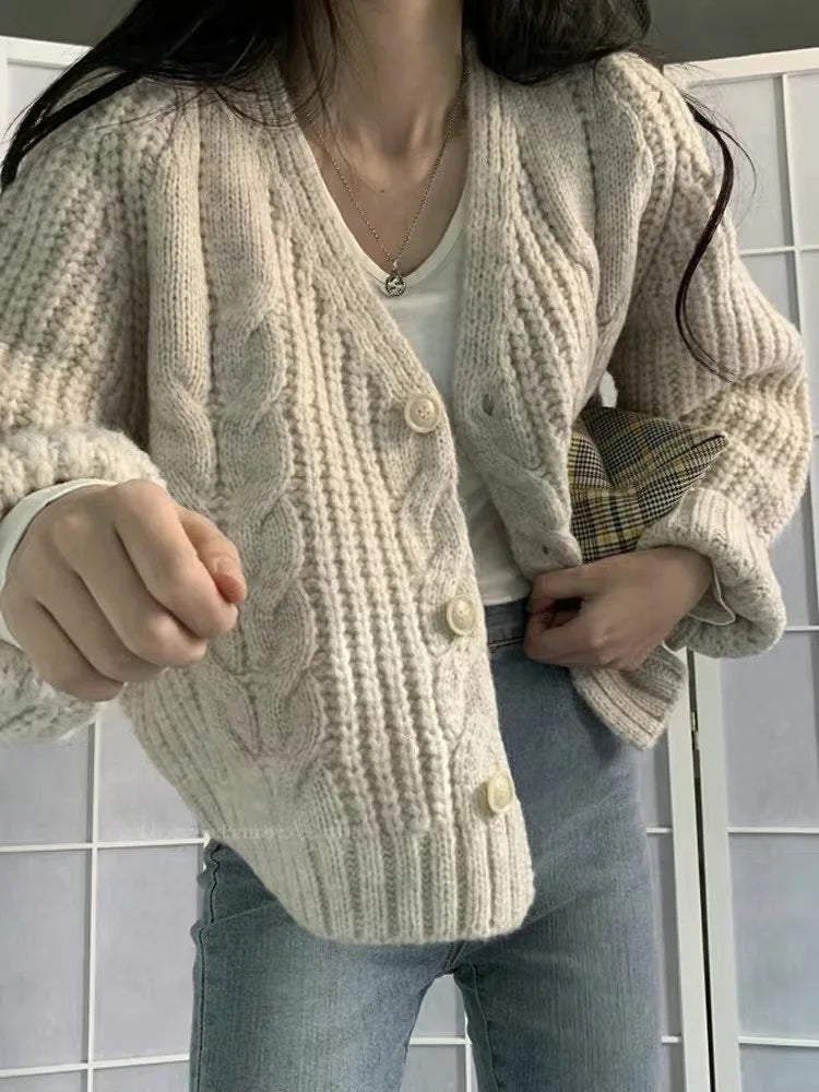 Long Sleeve Cardigan Crochet Sweater Autumn Winter Korean Vneck Single Breasted Short Tops