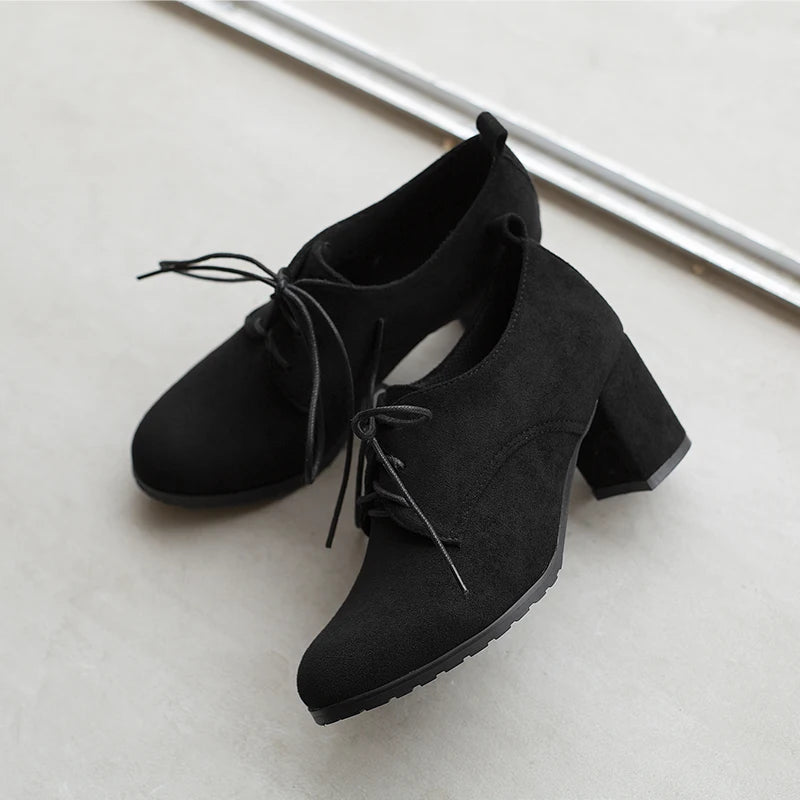 Spring New Retro Pumps Classics Flock Lace Up Office Round Toe Block High Heel Shoes Female Size 3343 Black Brown