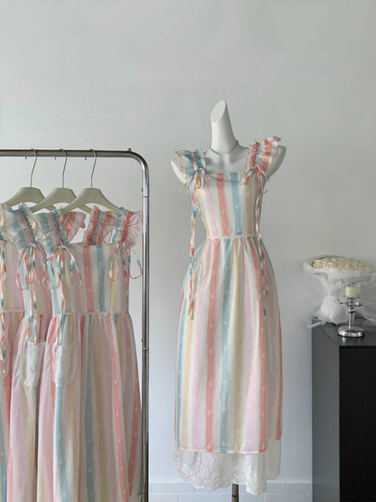 Japanese Kawaii Rainbow Midi Dress Slim Design Print Striped Sleeveless Camisole Dress Even Party Lolita Clothing