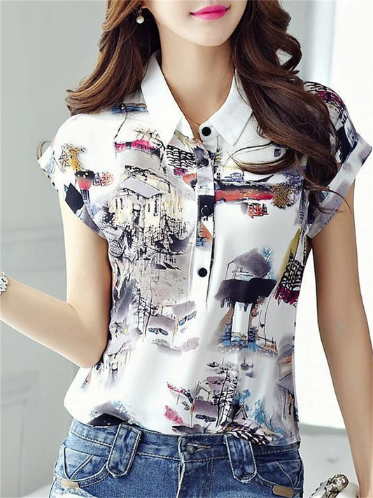 Spring Summer Style Chiffon Blouses Shirt Lady Short Sleeve Turn-down Collar Printed Loose Tops Df3548