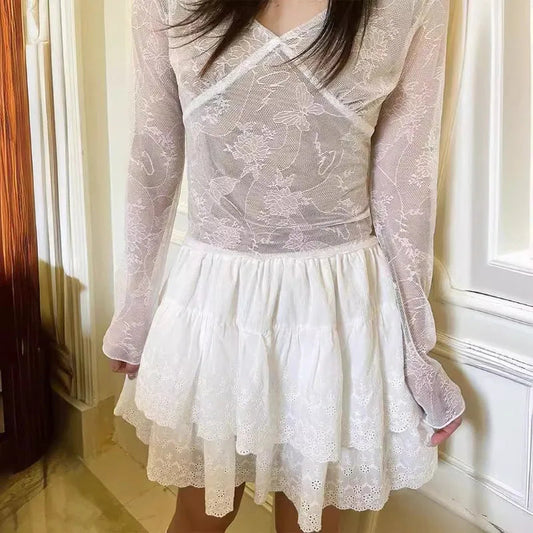 Korean Sweet Hook Flower Hollow Cake Skirt Summer New High Waist Color All Match Lace Aline Skirt
