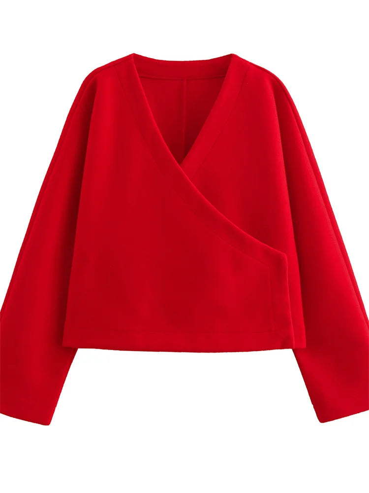 V-neck Autumn Outwear for Patchwork Long Sleeve Loose Jackets Top Coat