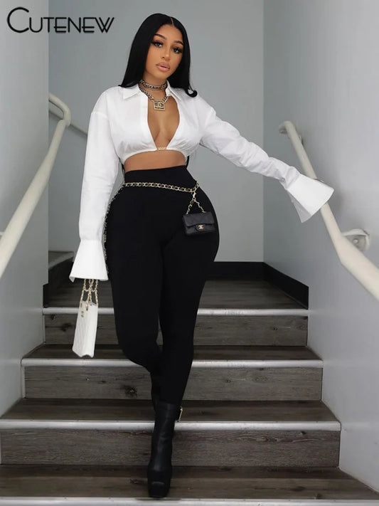 Concise Blouse T-shirts Autumn Long Sleeve Buttons Metal Connect Opened Lapel Tops Mujer Stretch Crop Tees