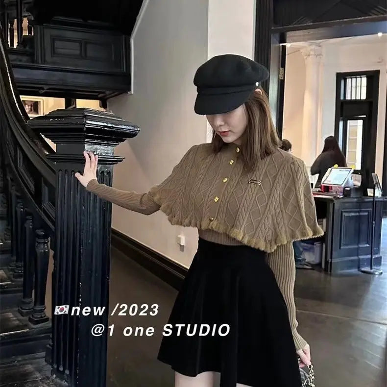 French Gentle Christmas Sweater Twopiece Set Cardigan Female Autumn Winter Slim Base Temperament Knitting Shawl Top