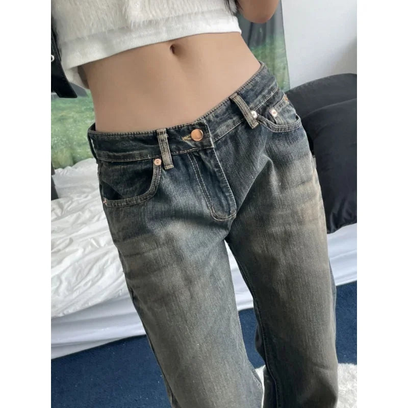 Retro Jeans Famale Clothing Loose Jeans Low Waist Y2k Aesthetics Baggy Flared Pants