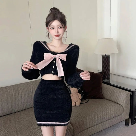 Sweet Hot Girl College Style Suit Autumn and Winter Bow Sweater Wrap Hip Mini Skirt Twopiece Set Female Clothes