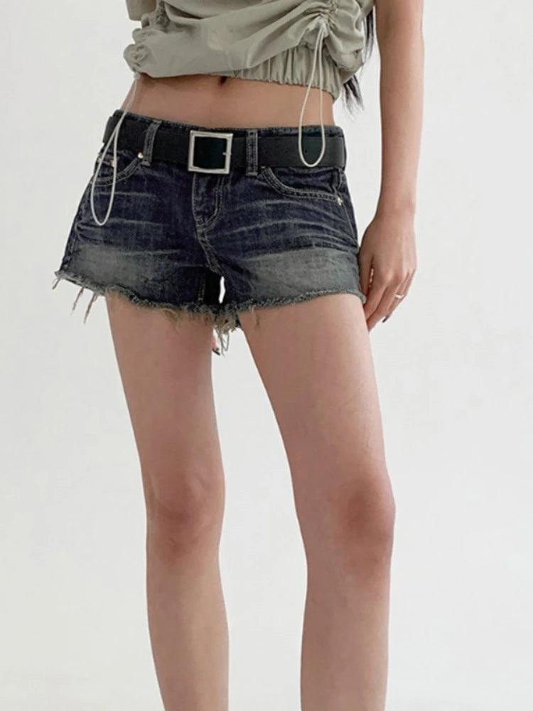Blue Tassel Denim Shorts American Low Waist Straight With Belt Mini Shorts Summer Y2k