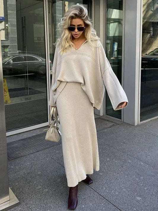 Loose Sweater Suit Female V-neck Knit Pollover Top Long Skirt High Waist Autumn Winter Skirt 2 Piece Set