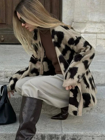 Retro Knitted Leopard Cardigan V-neck Soft Open Sweaters Female Autumn Versatile High Street Knitwear