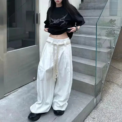 American Retro Pleated Draping White Pants Autumn New Loose Allmatch Wide Leg Pants With Belt