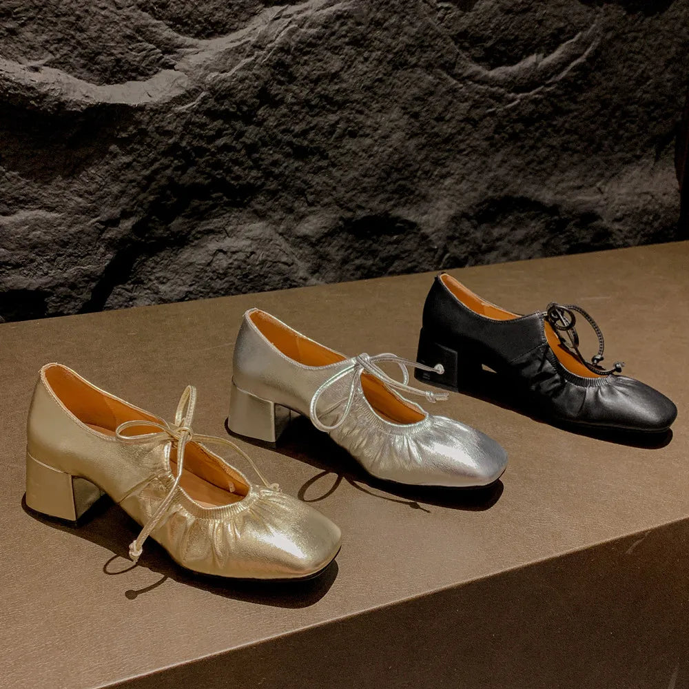 Mature Pumps Laceup Thick Heels Shoes Woman Spring Summer Office Lady Working Genuine Leather Pumps