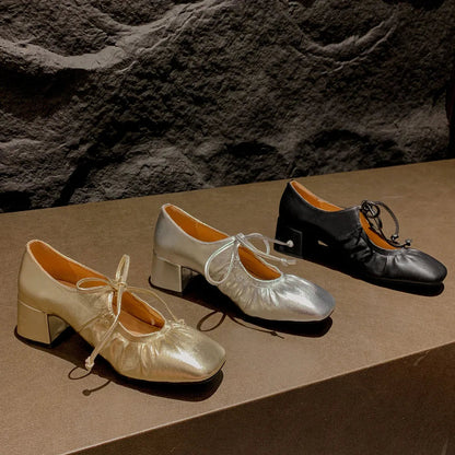 Mature Pumps Laceup Thick Heels Shoes Woman Spring Summer Office Lady Working Genuine Leather Pumps